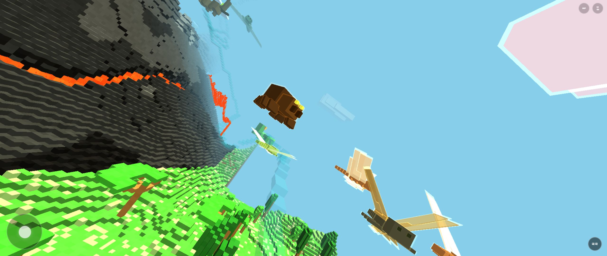 Rail Planet Iceland Volcano gameplay showing dark voxel slopes, a lava band, green lowland, and airborne objects